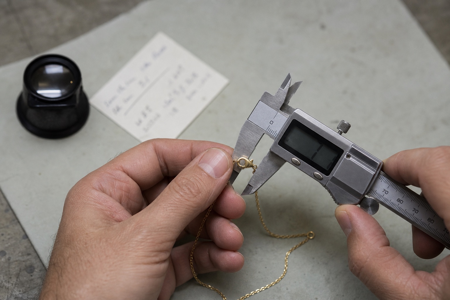 Jewellery inspector measuring a fine gold chain clasp with a precision caliper